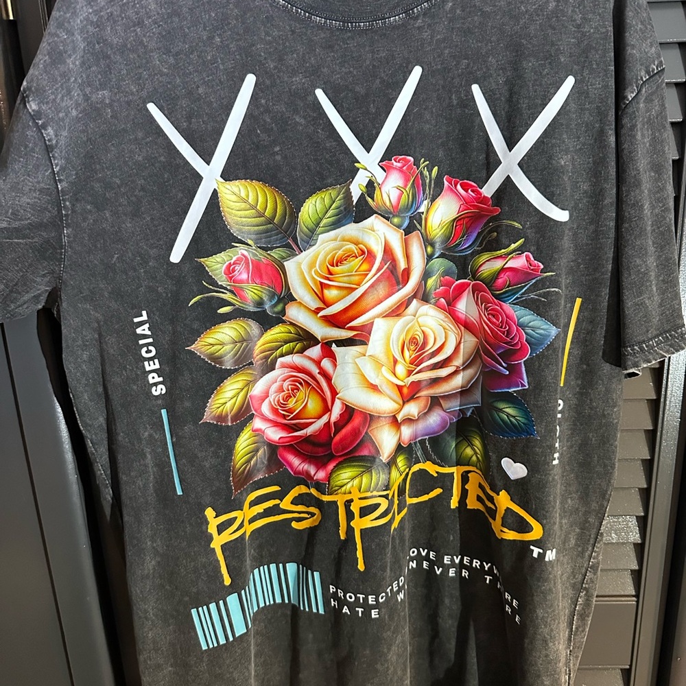 Restricted Acid wash gray Graphic Tee with Floral Design